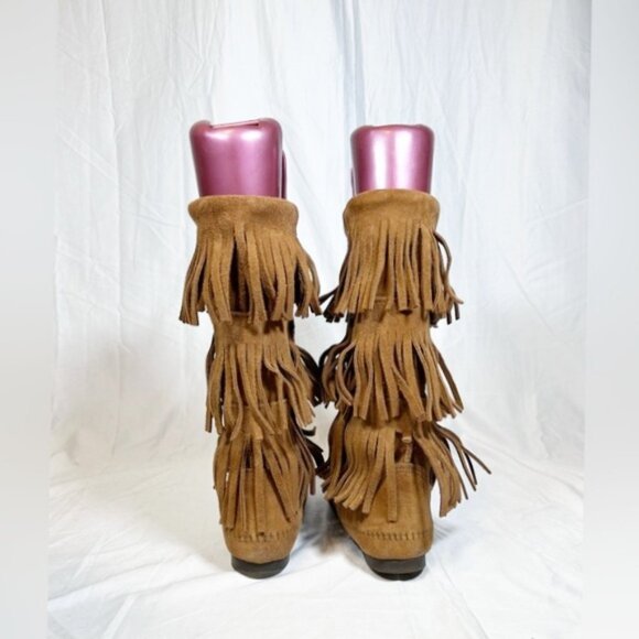 Minnetonka Brown Suede 3 Layer Fringe Moccasin Boots~6~ - Picture 4 of 6